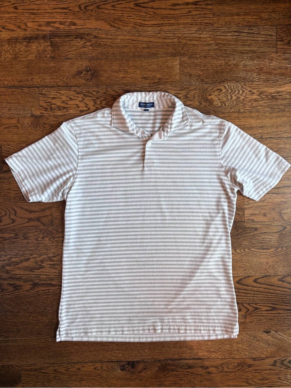 Peter Millar Crown Ceafted Gray and White Striped Short-Sleeve Polo